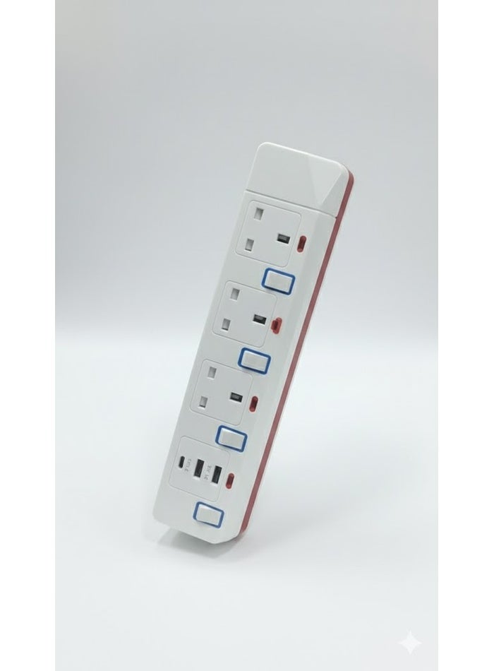 مقبس طاقة رباعي الاتجاهات مزود بمفاتيح فردية ومنافذ USB وكابل بطول 3 أمتار